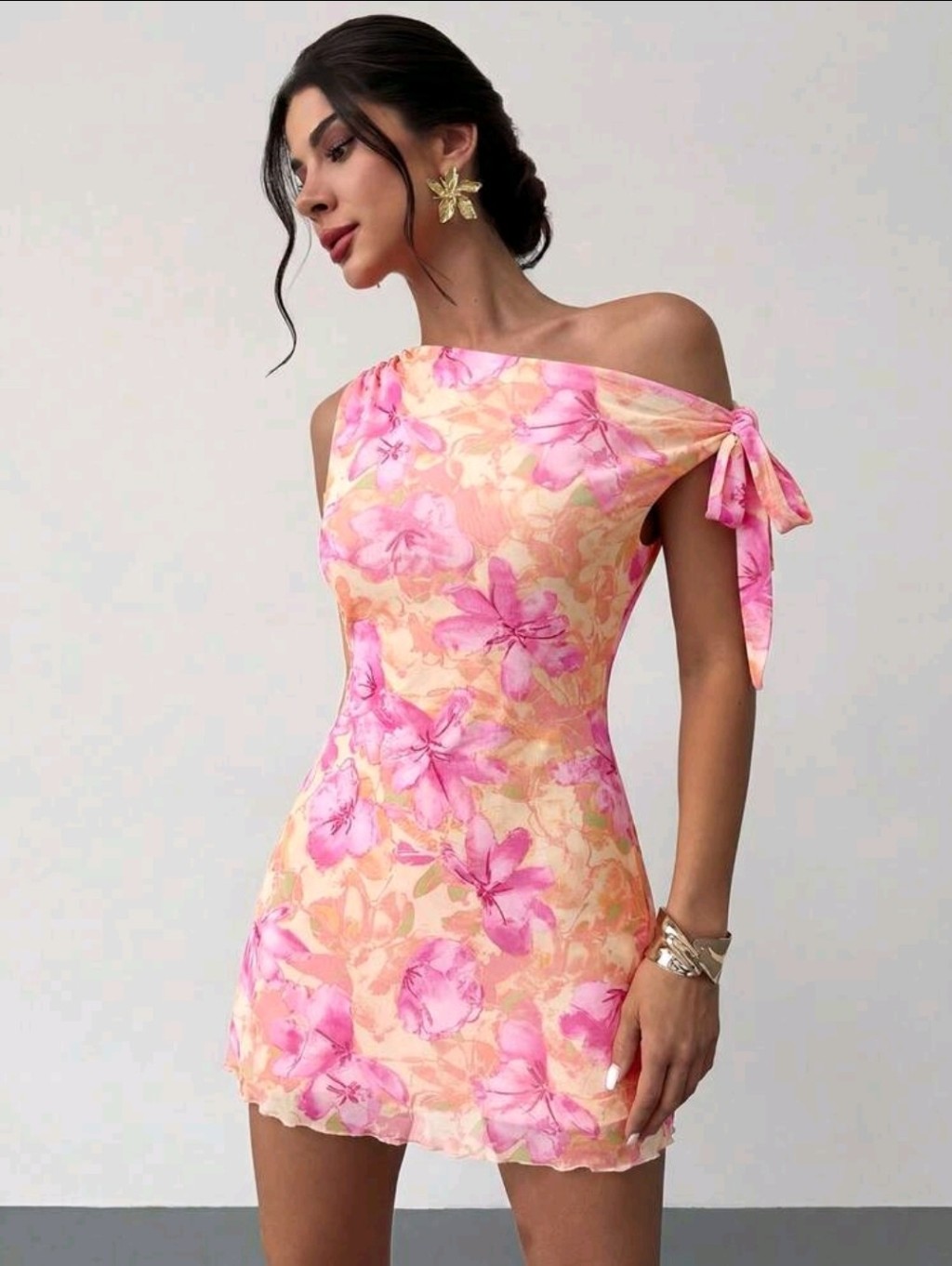 Firerie Floral Print Asymmetrical Shoulder Mesh Mini Dress